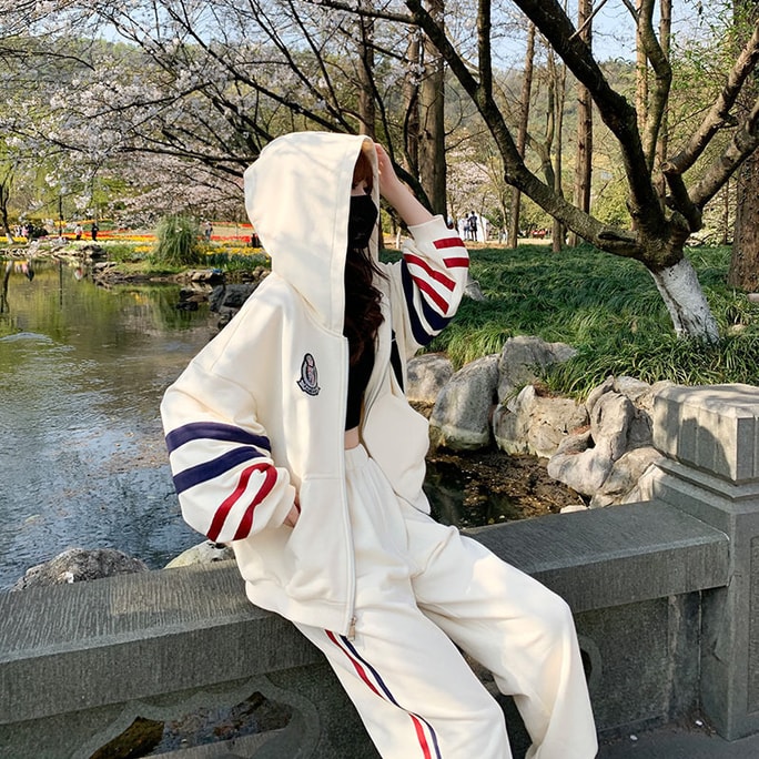 【中國直郵】奢笛熊 韓版條紋運動套裝兩件組 米白色 XL