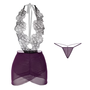 Fun Lingerie Sexy Tight Deep V-skirt Tie Neck Uniform Purple One Size