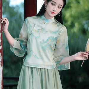 Chinese Style Women's Printed ‌‌Knot Button Tang Suit Hanfu Top for Women M