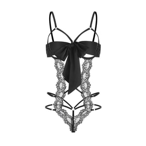 PinklemonLA 프렌치 레이스 차이니즈 새틴 홀로우 바디수트 언더와이어 푸쉬업 시스루 섹시 나이트웨어 란제리 - 블랙