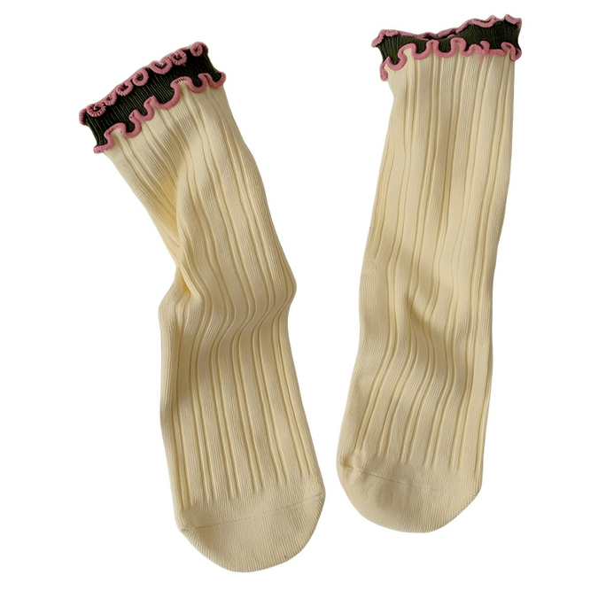  红桥市场 美国现货 堆堆袜韩系多巴按中筒袜 彩色 1双  米黄色