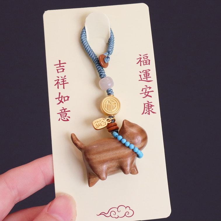 【中国直邮】 HSPM 天然檀木雕招财猫钥匙扣包包挂件 天然绿檀木猫猫F 1个 3