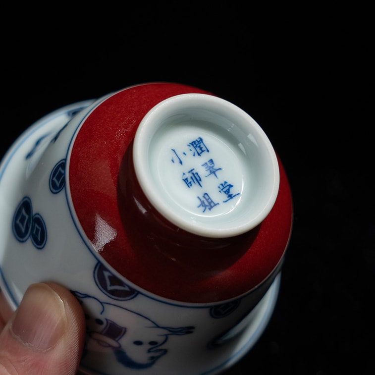 여동생의 차 시음: "어서 부자가 되세요" 손으로 그린 ​​나팔형 찻잔, 청화백자 선덕홍자, 시음잔, 쿵푸 찻잔, 주인의 잔, 경덕진 도자기, 룬추이탕 장인 수공예품, 60ml 3