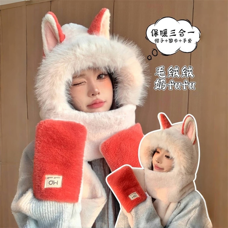 FOXTAIL 毛茸茸火狐狸一体帽 帽子 围巾 手套 冬季 保暖 防风 围脖 连帽 1个 3