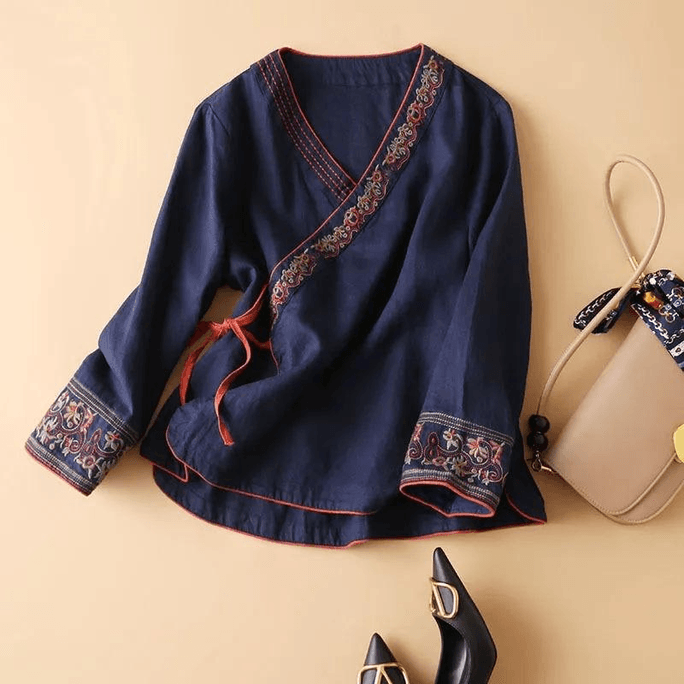 Chinese Style Slant Knot Embroidery V Neck Loose Hanfu Tops Navy M