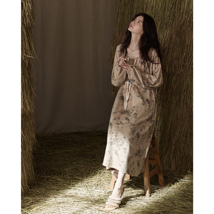 【中国直送】HSPM 新しいカジュアルシンプルな V ネックプリントルーズナイトガウンホーム服 Gu Xuan Huang-Sprinkled Ink 165/88A L