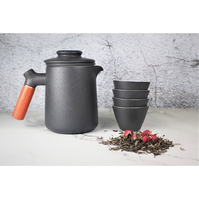 GINKGOHOME Ceramic Tea Set With 1 Teapot And 4 Cups Wooden Handle With Infuser And Travel Case - Black 350ml