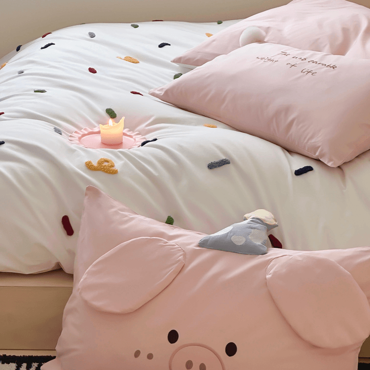 상품 상세 - [중국에서 직접 우편] 자장가 컬러풀 파라다이스 순면 세탁 코튼 타월 자수 3종 침구 세트 침구 가정용품 (침대 시트*1+이불 커버*1+베개 커버*1) 트윈 사이즈 컬러풀 돼지 - 이미지3