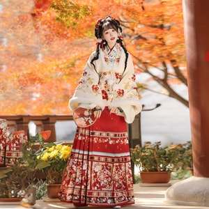 Jade Fingers Twist - Blooming Brocade Ming-Style Hanfu Thickened Horse-Face Skirt Set White Top  Lining + Red Horse-Face Skirt S