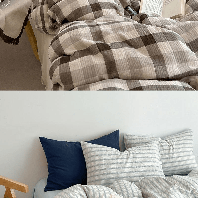 【中国直邮】 Lullabuy 织序水洗棉条纹床上四件套 蓝色-Queen