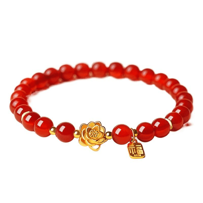 【中国直邮】 故宫文创 故院文创 玛瑙手链女款红色玉石手串莲花手饰 莲意福泽 6mm