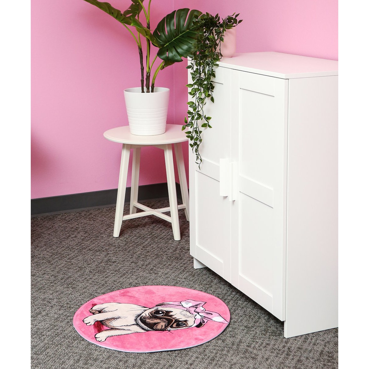 Petorama 巴哥犬圆形浴室吸水防滑脚垫 #粉色单印花款