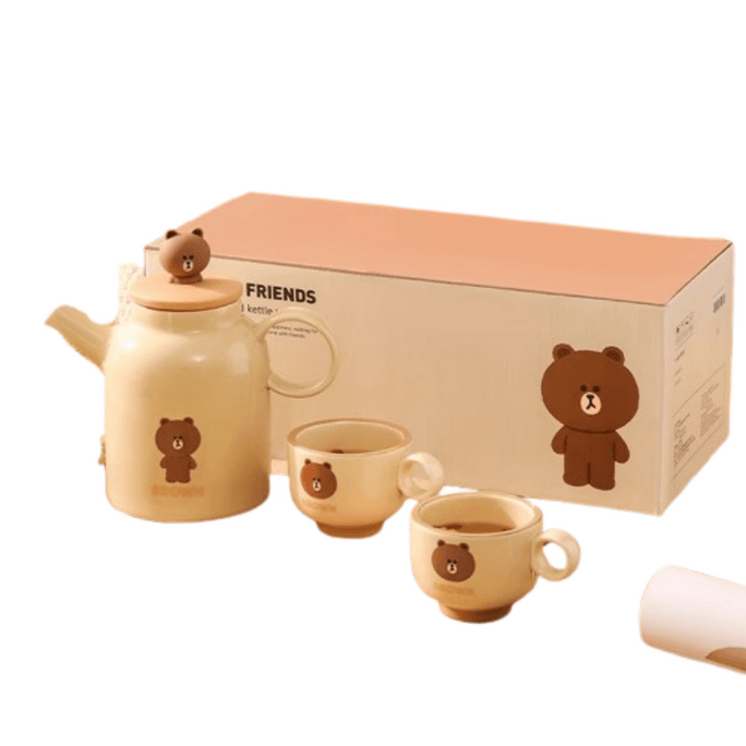 【中国直邮】 日本 LINE FRIENDS 冷水壶杯子陶瓷凉水壶水杯耐热高温  BROWN款 三件套