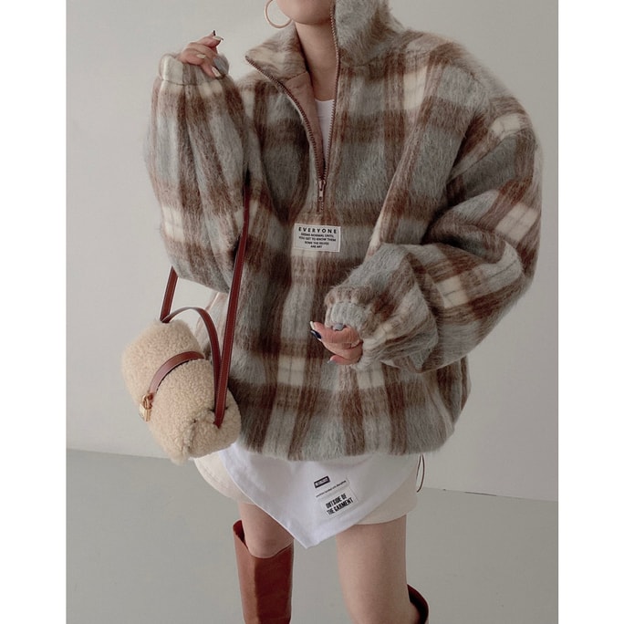 New Temperament Stand Up Collar Plush Contrasting Plaid Woolen Sweatshirt Coffee Plaid F