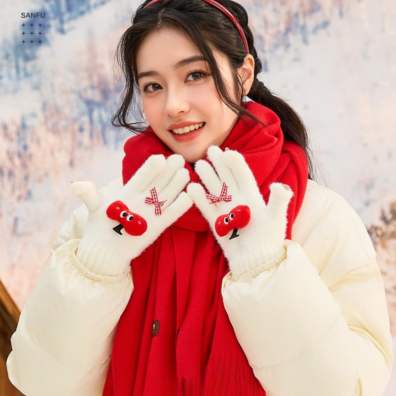 【中國直郵】 三福 趣味結形五指手套 可愛戶外保暖手套 蘋果黃 均碼一雙裝