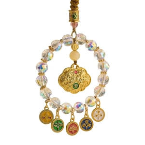 灵隐祈福 灵隐寺开光祈福五路财神车挂 天然五彩水晶串珠平安锁车饰 手工编织招财纳福挂饰 吉祥吊坠顺风顺水保平安车载挂件