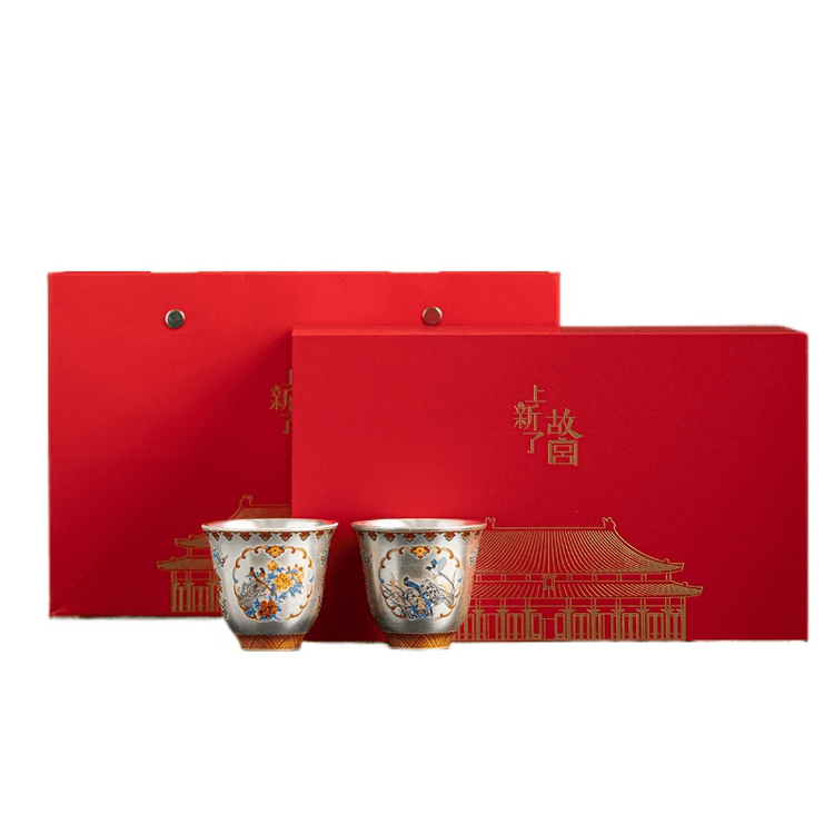 中国　茶器セット 純銀　鎏银工艺 中国直邮】 故宫文创 上新了故宫 花鸟鎏银茶具套装主人杯对杯 53*50mm