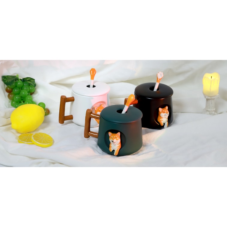 GINKGOHOME Cute Dog Ceramic Mug Wood Handle Design With Spoon And Lid - Green 16oz 7