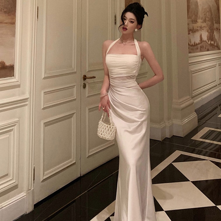 French Niche Slim Bodycon Dress Tulle Satin Patchwork Halter Dress Off White S 3