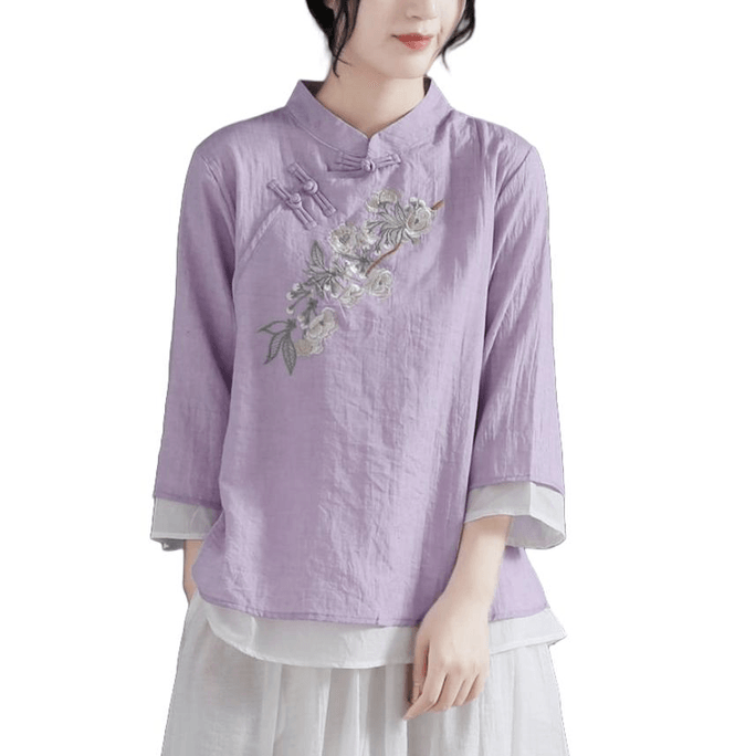 Chinese Style Cotton and Linen Retro Button Embroidered Top Shirts Purple 2XL