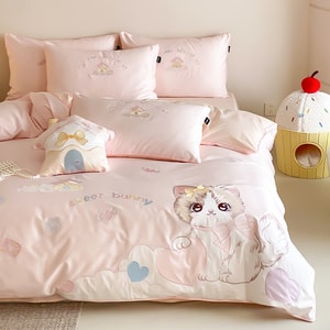 Cute Kitty Embroidery Bedding Set, 1.2mbed, 60S Long Staple Cotton, 4 Pcs. Silky Soft, Breathable, Cozy Sleep. Sweet Pink Cartoon Bed Linen For Bedroom Decor. Limited Discount