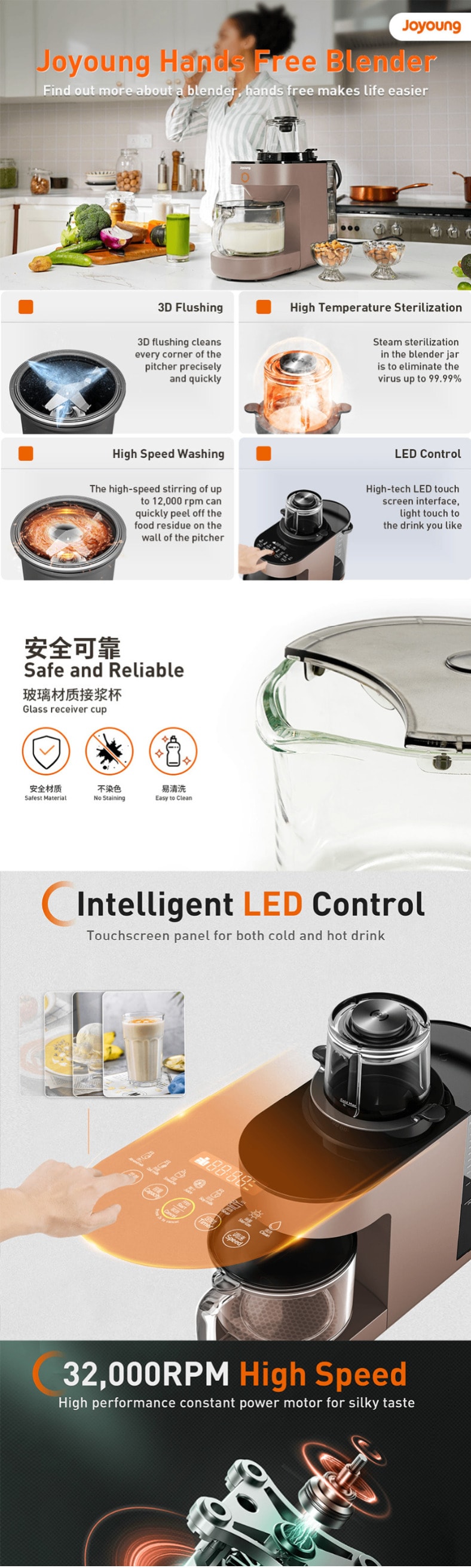 九陽 【美國本土出貨】多功能破壁機豆漿機攪拌機 自動清洗 0.3L-1.2L容量 L12-Y521-US03 棕色 110V