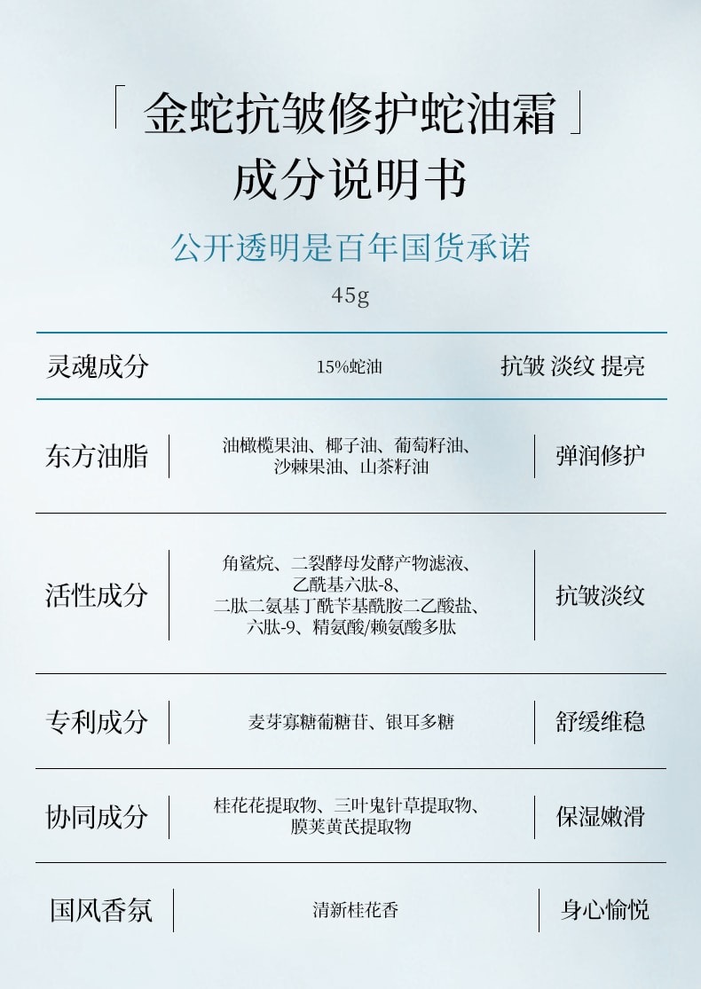 【中国直邮】 金蛇 蛇油面霜 【抗皱修护 】【滋润保湿防干燥 】(桂花香) 蛇油霜45g*1瓶