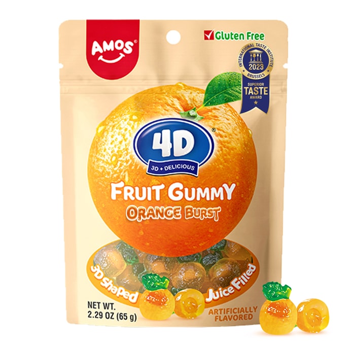 AMOS 4D Gummy Fruit Filled Candy Fruit Snacks Orange Juice Filled Gummies 2.29Oz Per Bag (12 Bags)