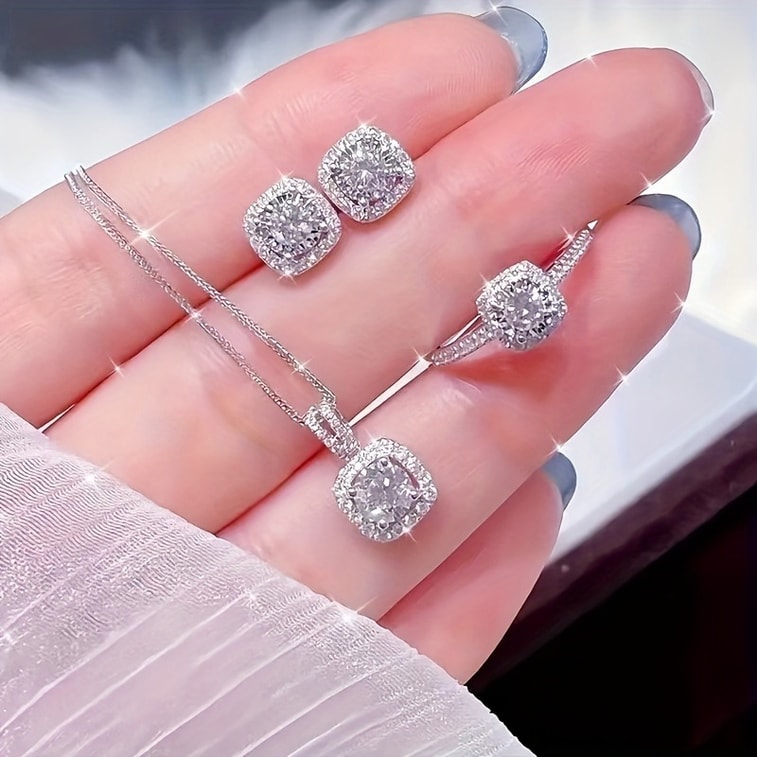 Ai Wan Chunの天然石イヤリング＆ネックレスセットは、鎖骨チェーン、スクエアイヤリング、鎖骨チェーン、リングを含む、女性向けのエレガントで豪華な天然石イヤリングとネックレスの4点セットです。女性への素敵な贈り物に最適です。 3