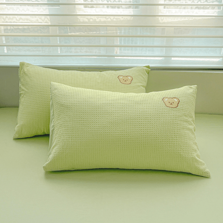【中國直郵】 Lullabuy 華夫格小熊刺繡純棉床上四件套(床單款) 綠色-Queen 3
