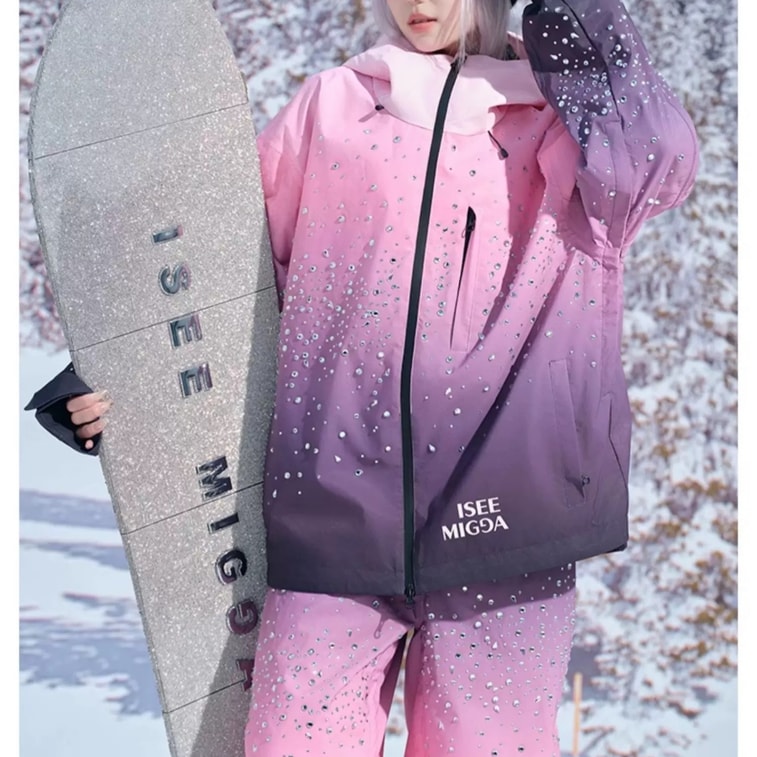 【中国直邮】【黑五大促】 ISEEMIGGA 【海蓝&暗影&玫瑰之迷】滑雪服女24年渐变闪钻男女同款滑雪服套装 粉s 3