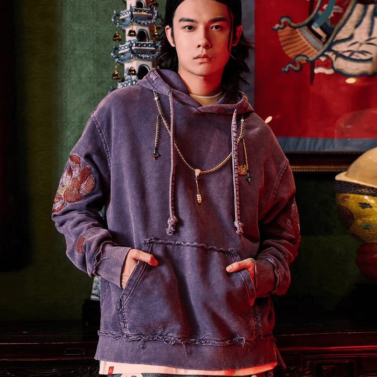 Chinese Style Lotus Embroidery Hooded Hoodie For Men Women Purple Medium Yamibuy