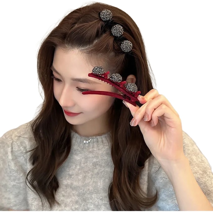 Bangs clip for the forehead, stylish with sparkling diamonds, light luxury flocking, vintage clip, double-layer side clip, hollow hairpin, wine red, 2 pieces