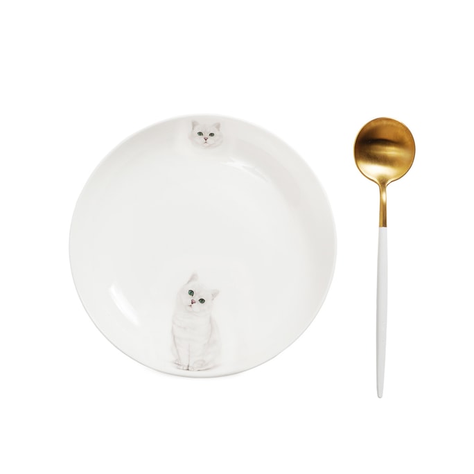 Petorama陶瓷宠物肖像两边印花8”圆形餐盘+陶瓷把手金色不锈钢餐勺套装-银渐层