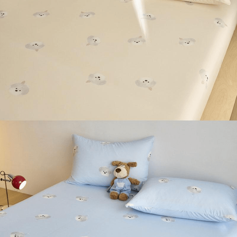 Lullabuy 萌趣夏日卡通凉感床笠(床笠*1+枕套*2) 夏季床品冰凉舒肤 格子熊仔 蓝-Queen Size