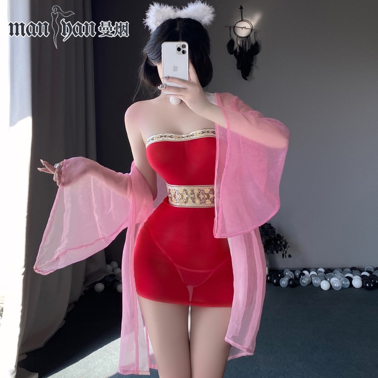 Fun Lingerie Sexy Low Necked Strapless Fox Demon Daji Skirt Set Red One  Size