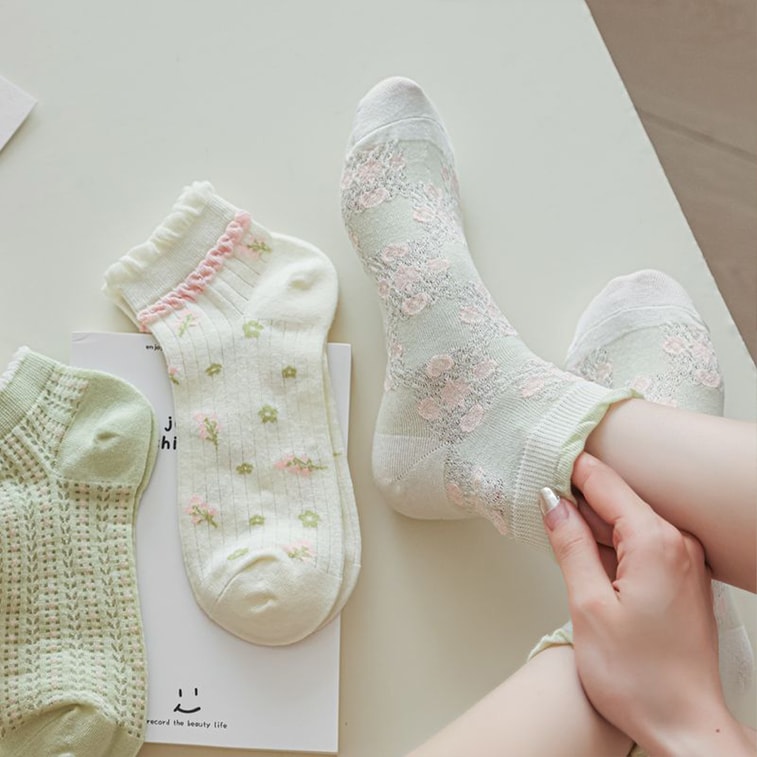 Sheer Mesh Boat Socks Fresh Floral Lightweight Breathable Short Cotton Socks For Women 5 Pairs Set F 1 Set 6