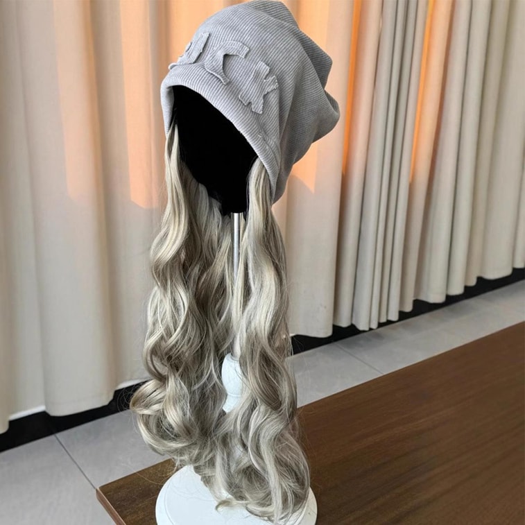New Style Beanie Wig Integrated Detachable Fashion Autumn Winter Internet Famous Personalized Gray Street Slouchy Beanie Dark Green Gray Long Curly Hair One Size Fits All 3