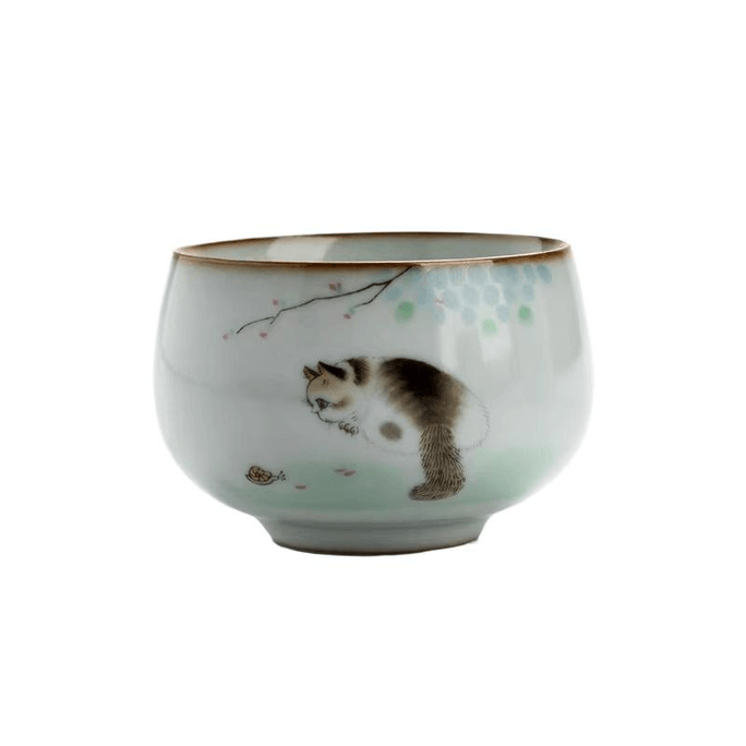 【中國直郵】 一品仟堂 汝窯羅漢杯可愛貓羅漢主人杯個人杯陶瓷開片 財貓 4.8*7.4厘米