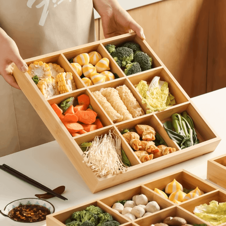 KAWASIMAYA Nine-Grid Tray Hot Pot Grid Bamboo Wood Side Dish Plate