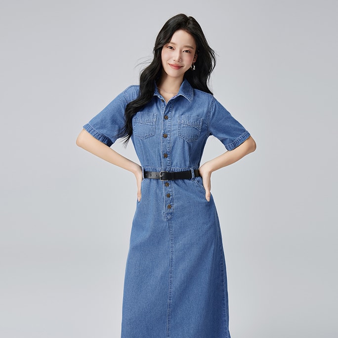 [중국에서 온 다이렉트 메일] HSPM 뉴 홍콩 스타일 레트로 통기성 허리 드레스 블루 S