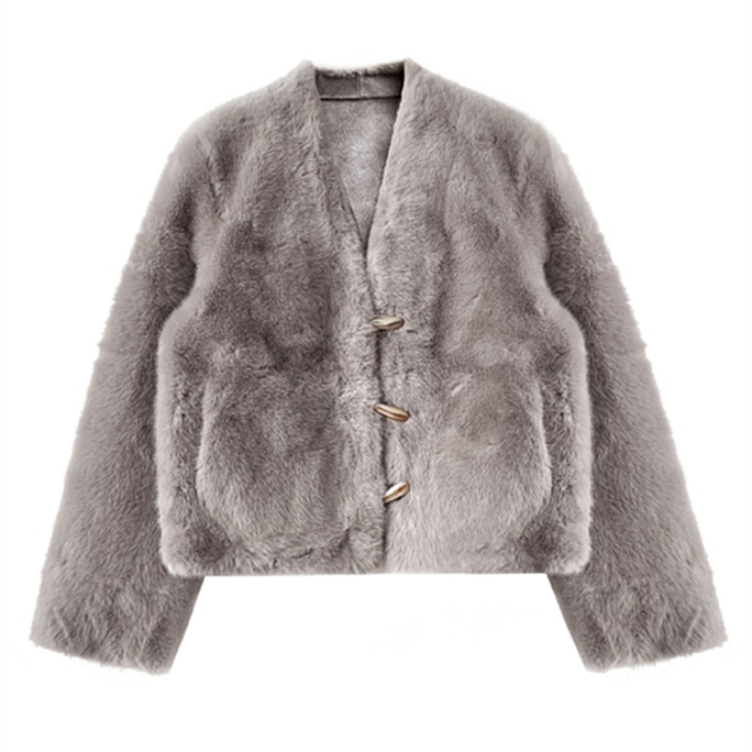 Fur Integrated V-Neck Cow Horn Buckle Fur Coat Gray M