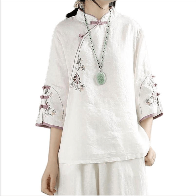 【中國直郵】 ASIS 中式復古棉麻立領繡花盤扣襯衣-白色 2XL