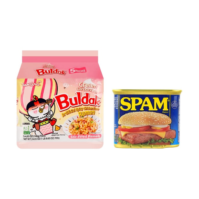 韩国SAMYANG三养 BULDAK 粉色火鸡面拉面 双倍奶油芝士味 140g*5连包+美国SPAM世棒 经典午餐肉罐头 340g【高配版泡面两件套】
