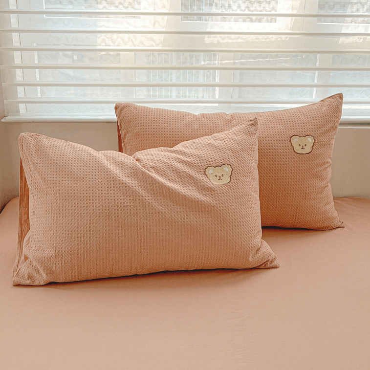 룰라바이 와플 베어 자수 코튼 4피스 침구 세트 (핑크 - 킹) 3