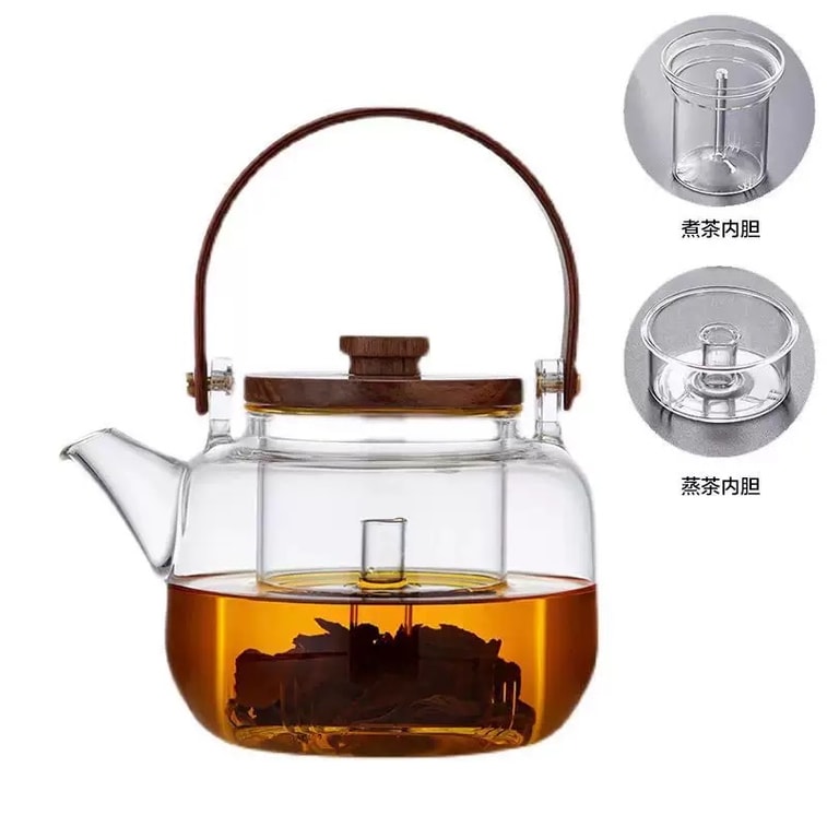 Health Pot【Includes Tea Brewing and Steaming Inner Container】 Flower Tea Pot Heat-Resistant Glass Wooden Lid 1/box 3