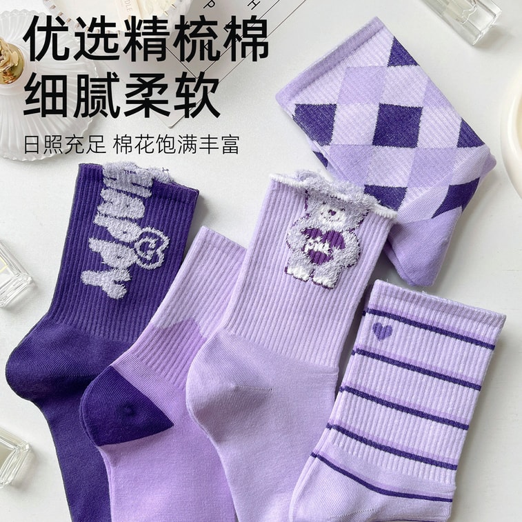 [중국 직배송] HSPM 일본 스타일 만화 보라색 귀여운 곰 무릎 위 양말 - 구름 + 곰 + 하트 줄무늬 + 파도 - 1세트 6