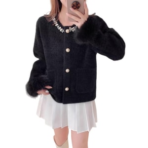 New Nail Bead Small Fragrance Style Imitation Mink Fur Cardigan Jacket In Black, One Size Fits All