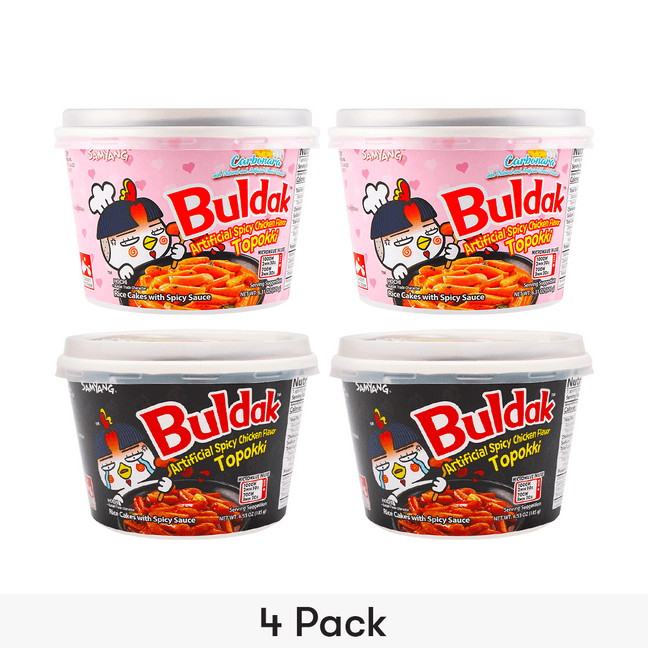 Korean Buldak Topokki,Spicy Fried Rice Cakes,Carbonara Flavor*2 & Hot Spicy Flavor*2,25.66oz【Value Pack】