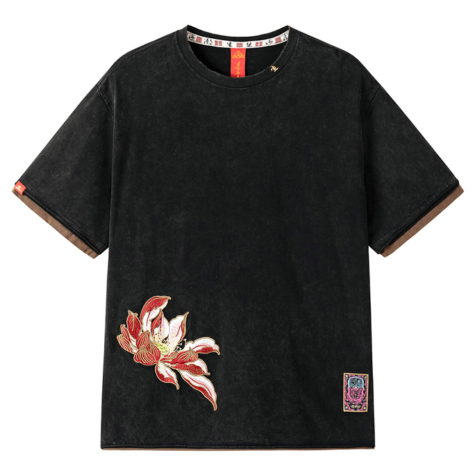 Chinese Style Embroidered Cotton Short Sleeve T-shirt For Men Women BlackLarge